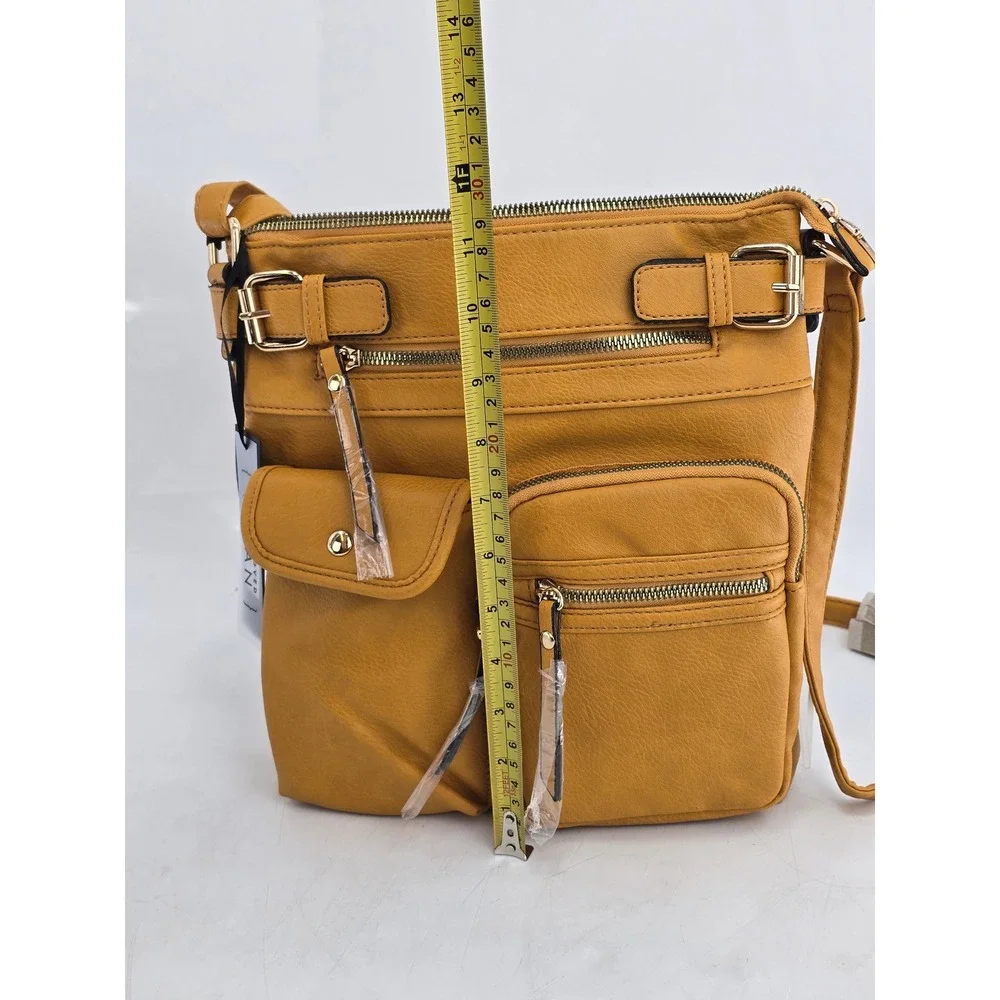 SUGU AM4181 Vegan Leather Crossbody Bag Mustard Yellow Medium Multi Pocket - NEW